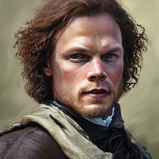 Image similar to Sam Heughan as Jamie Fraser from Outlander, close-up portrait art by Donato Giancola and James Gurney, digital art, trending on artstation