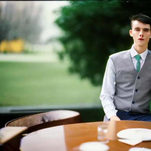 Image similar to A young man in a suit sits at a table on a martial green flannel, bokeh, cinestill