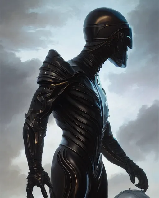 Image similar to iridescent sinewy smooth muscular male sleek glossy black pearlescent scifi armor with smooth black featureless helm, by greg rutkowski and mark brookes and jim burns and tom bagshaw and magali villeneuve, trending on artstation