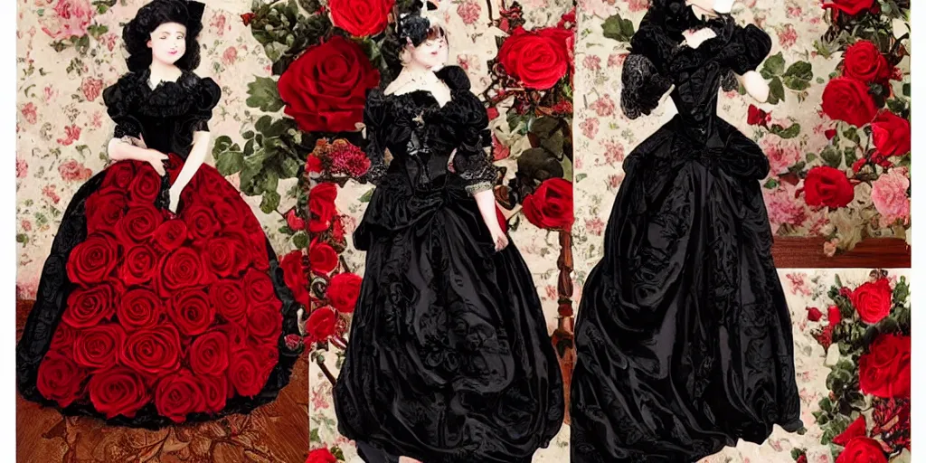 Prompt: black dress in the style of rococo ， victorian era ， red roses element ， dreamy, soft, backlight, luminescence ， highly detailed, 8 k h 1 0 2 4