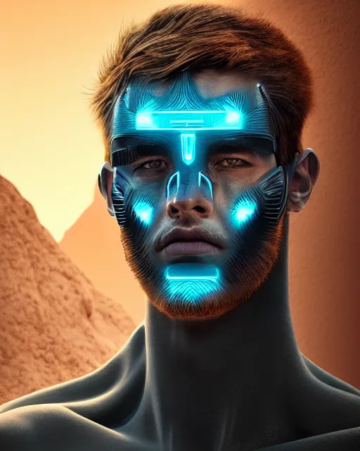 Image similar to portrait of a handsome symmetric cyborg, desert oasis background, ultra realistic, highly detailed, hd, sharp focus, cinematic lighting, realistic, photorealistic, vivid colors, painting, photograph, digital art, non blurry, sharp, artstation, concept art, smooth, illustration