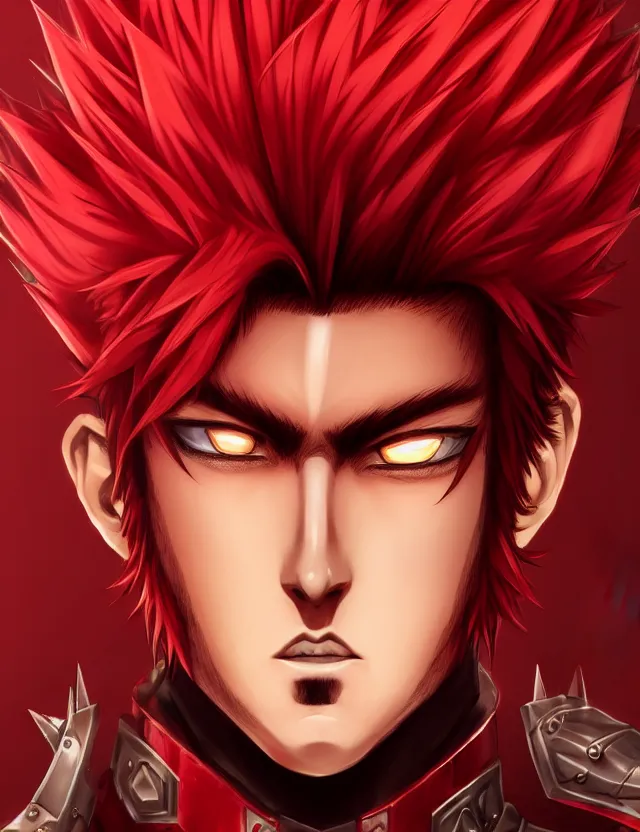 Image similar to a detailed manga portrait of a handsome tall man with spiked crimson hair in fiery crimson crystalline armour, trending on artstation, digital art, 4 k resolution, detailed, high quality, sharp focus, hq artwork, coherent, insane detail, character portrait