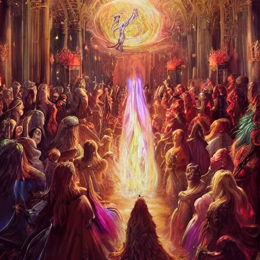 Prompt: Fantastic, fairytale painting, medieval, Beautiful, sorceress, long flowing red hair, intense glowing eyes, light emitting from fingetips, hovering, ornate gown, royalty, surrounded by a crowd of people, onlookers, kingdom, hyperrealistic, dungeons and dragons, painting