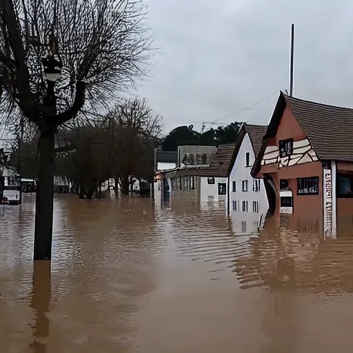 Image similar to Jerma985 visiting a small german town that is being flooded, movie screenshot, dramatic scene