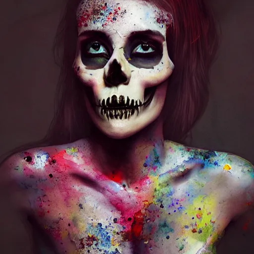 Image similar to full body pose, hyperrealistic mixed media painting of a beautiful skull woman, dim volumetric lighting, 8 k, octane beautifully detailed render, extremely hyper detailed, intricate, epic composition, cinematic lighting, masterpiece, trending on artstation, very very detailed, masterpiece, stunning, hdr, smooth, sharp focus, high resolution, award, winning photo, dslr, 5 0 mm