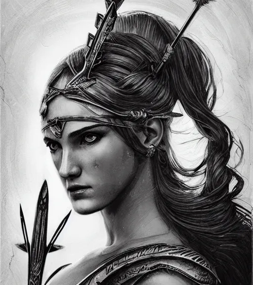 Image similar to beautiful aphrodite goddess wearing an arrow on her head, realistic face, beautiful eyes, black and white drawing, in the style of greg rutkowski, fantasy, amazing detail, epic, intricate, elegant, smooth, sharp focus