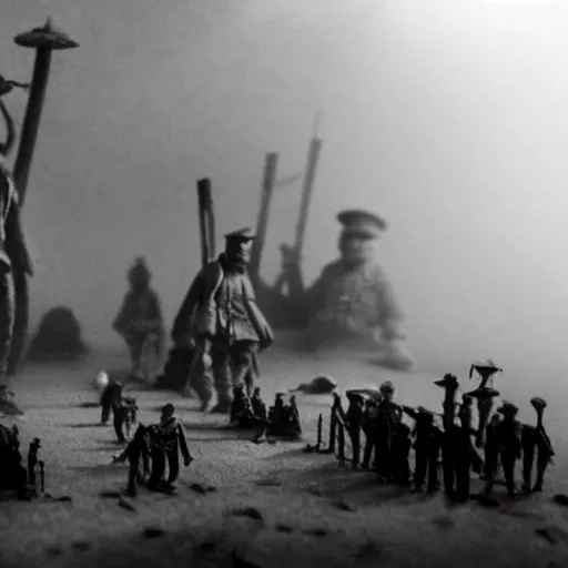 Image similar to the world war i, surrealistic detailed claymation art, dark, moody, foggy