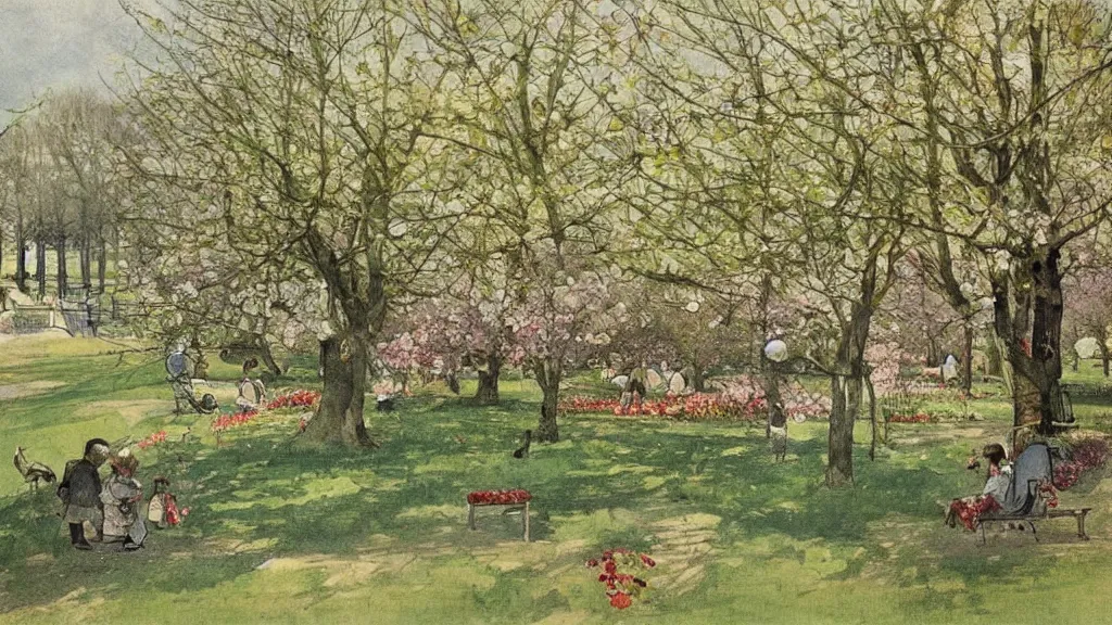 Prompt: gorgeous painting of a park in spring by carl larsson