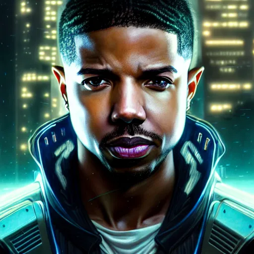 Image similar to portrait painting of a cyberpunk corporate boss elven michael b. jordan, ultra realistic, concept art, intricate details, eerie, highly detailed, photorealistic, octane render, 8 k, unreal engine. art by artgerm and greg rutkowski and charlie bowater and magali villeneuve and alphonse mucha