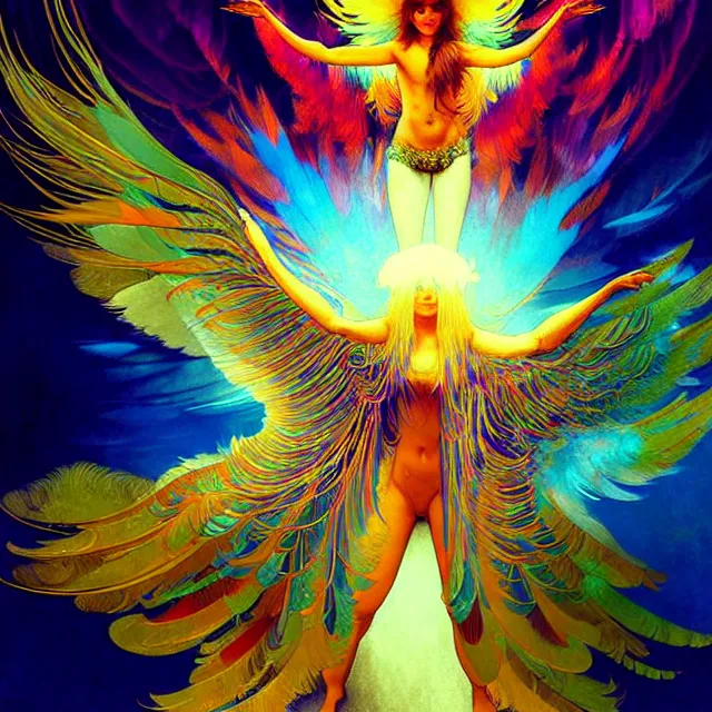 Prompt: psychedelic transcendent feather mind bending psychedelic wings of glossy liquid honey flowing like kaleidoscopic translucent holograph, lsd feathers, feathery fluff, enlightenment, high contrast dappled lighting, refracted sunset, highly detailed, concept art, art by collier, albert aublet, krenz cushart, artem demura, alphonse mucha