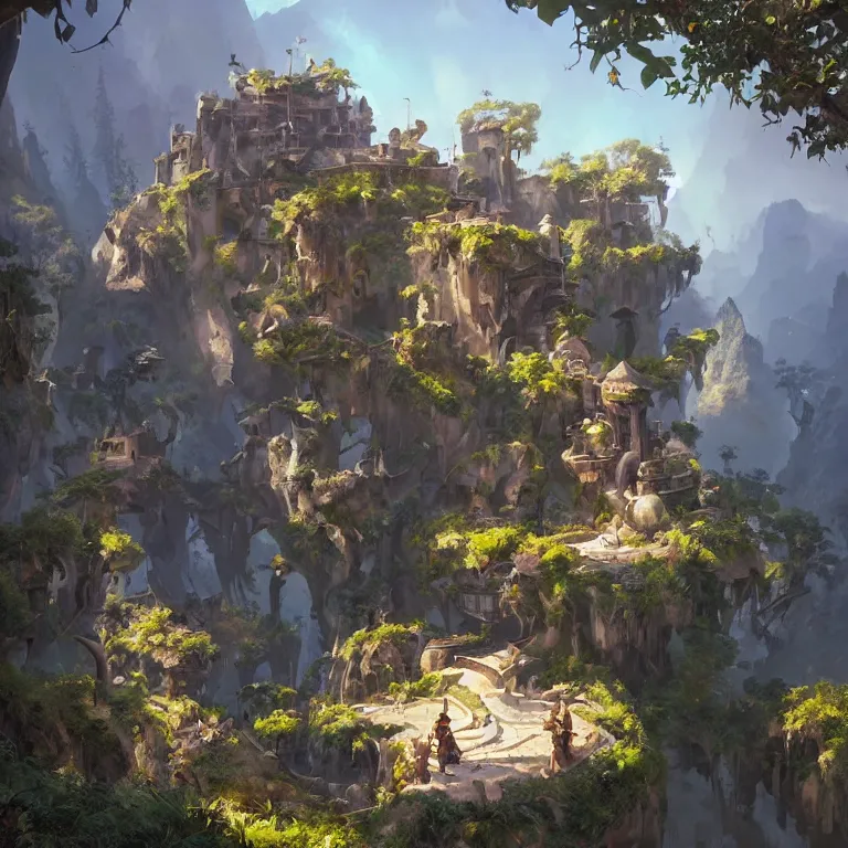 Image similar to secret overwatch headquarters carved inside a mountain surrounding a lush garden, trimmed, magical, natural light, fantasy, architecture, sharp focus, concept art, by greg rutkowski and craig mullins, atmospheric, octane render