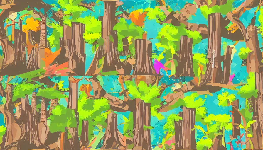 Prompt: forest filled with ruins, giant trees, tiny rocket, colorful, vector style drawing