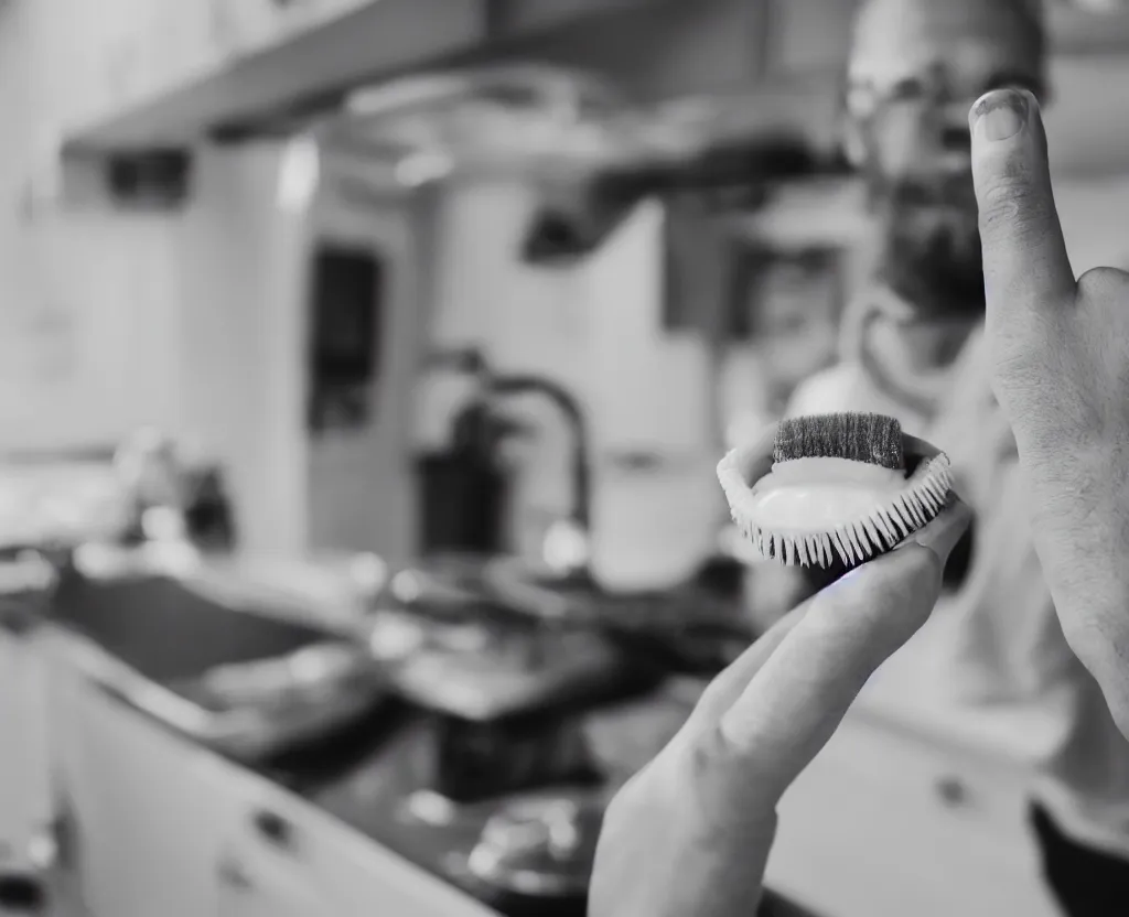 Image similar to first person point of view of a man holding a tooth brush in front of kitchen sink