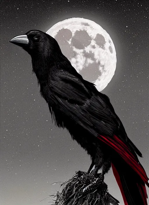 Image similar to portrait, A crow in front of the full big moon, book cover, red white and black colors, establishing shot, extremly high detail, foto realistic, cinematic lighting, pen and ink, intricate line drawings, by Yoshitaka Amano, Ruan Jia, Kentaro Miura, Artgerm, post processed, concept art, artstation, matte painting, style by eddie mendoza, raphael lacoste, alex ross