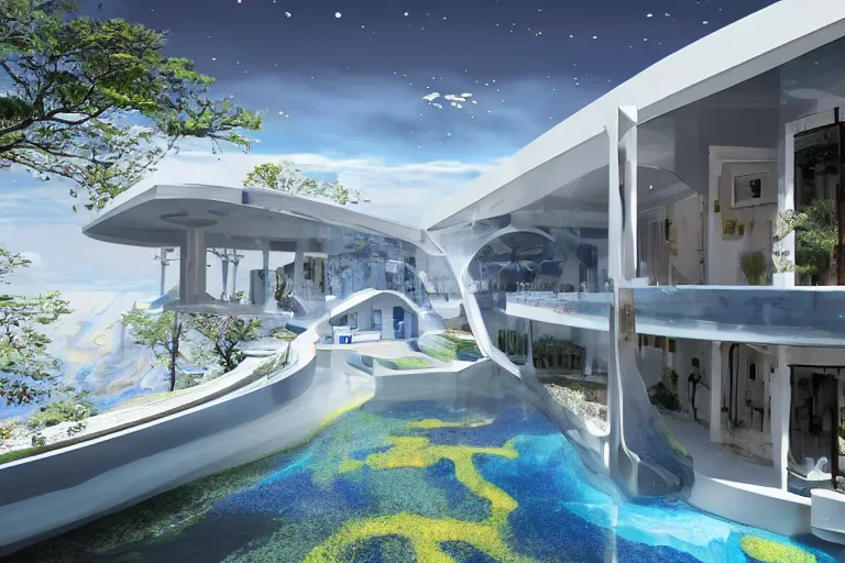 Image similar to futuristic luxurios chic mansion with Singaporean gold lush garden, white and royal blue theme, sakura season, advanced, top tier architecture house, at Salar De Uyuni, Hexagonal formations on the surface of salt crystallization, sandwiched between sedimentary deposits, bubbling geysers, marvellous reflection of the sky, digital painting, concept art, smooth, sharp focus, from Star Trek 2021, illustration, by WLOP and Ruan Jia and Mandy Jurgens and William-Adolphe Bouguereau, Artgerm