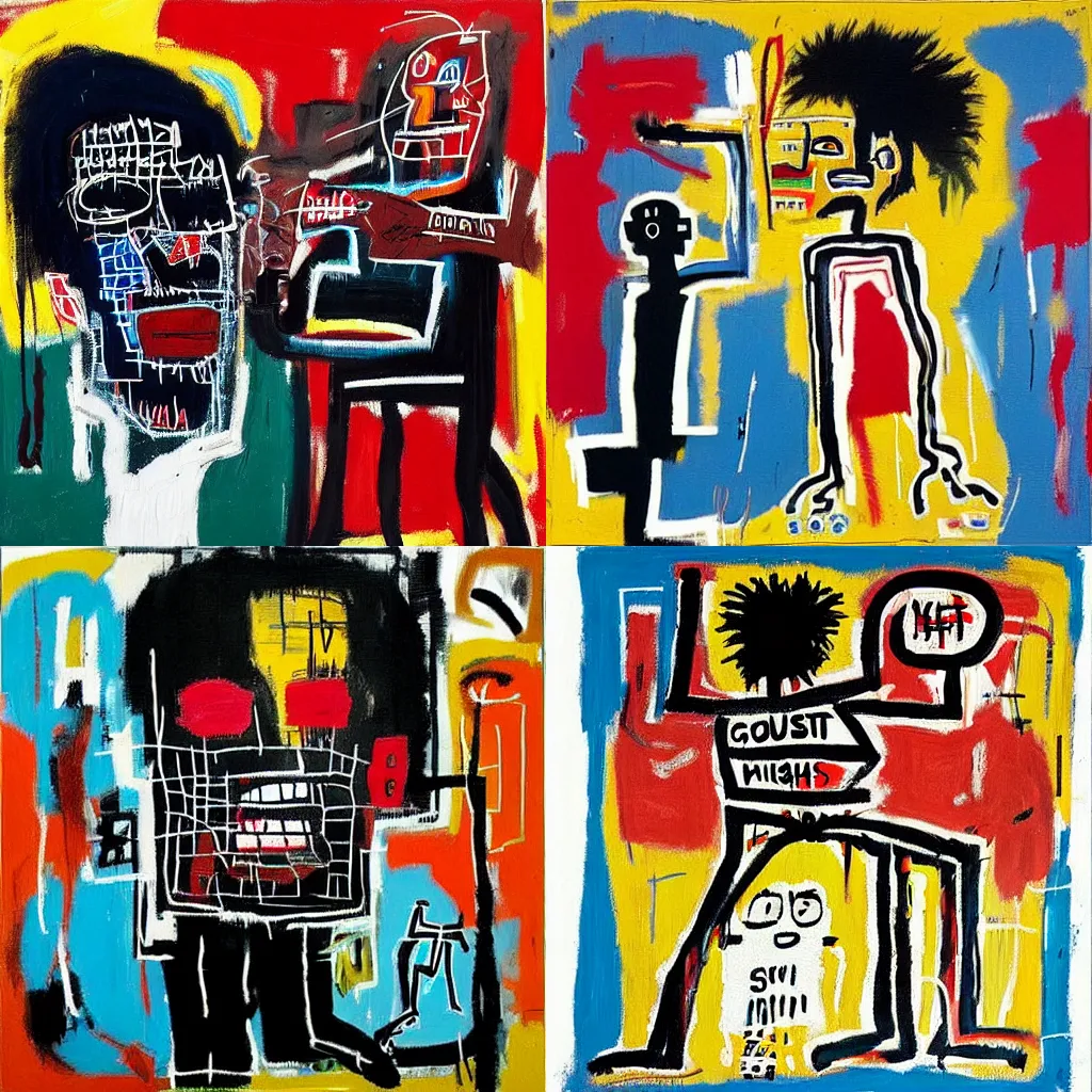 Prompt: “david fighting goliath, painting john michel basquiat”