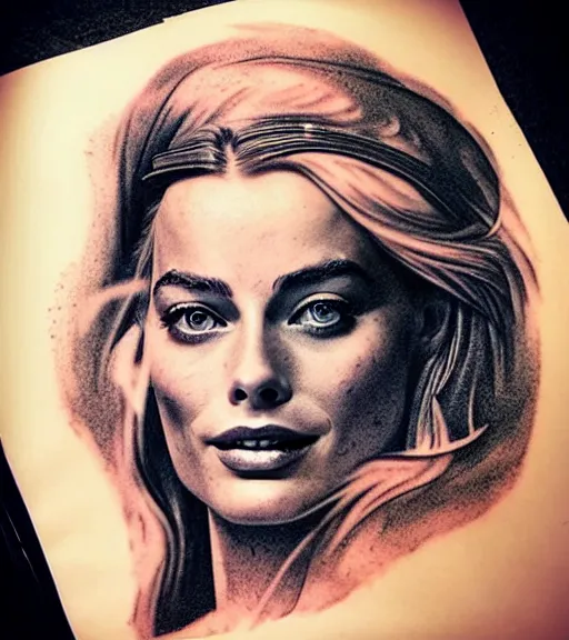 Image similar to tattoo design sketch double exposure of margot robbie with beautiful mountain scenery mash up, in the style of arlo dicristina, surrealist, amazing detail, sharp