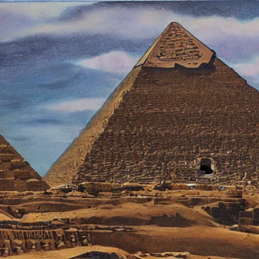 Image similar to aliens building the pyramids, old painting