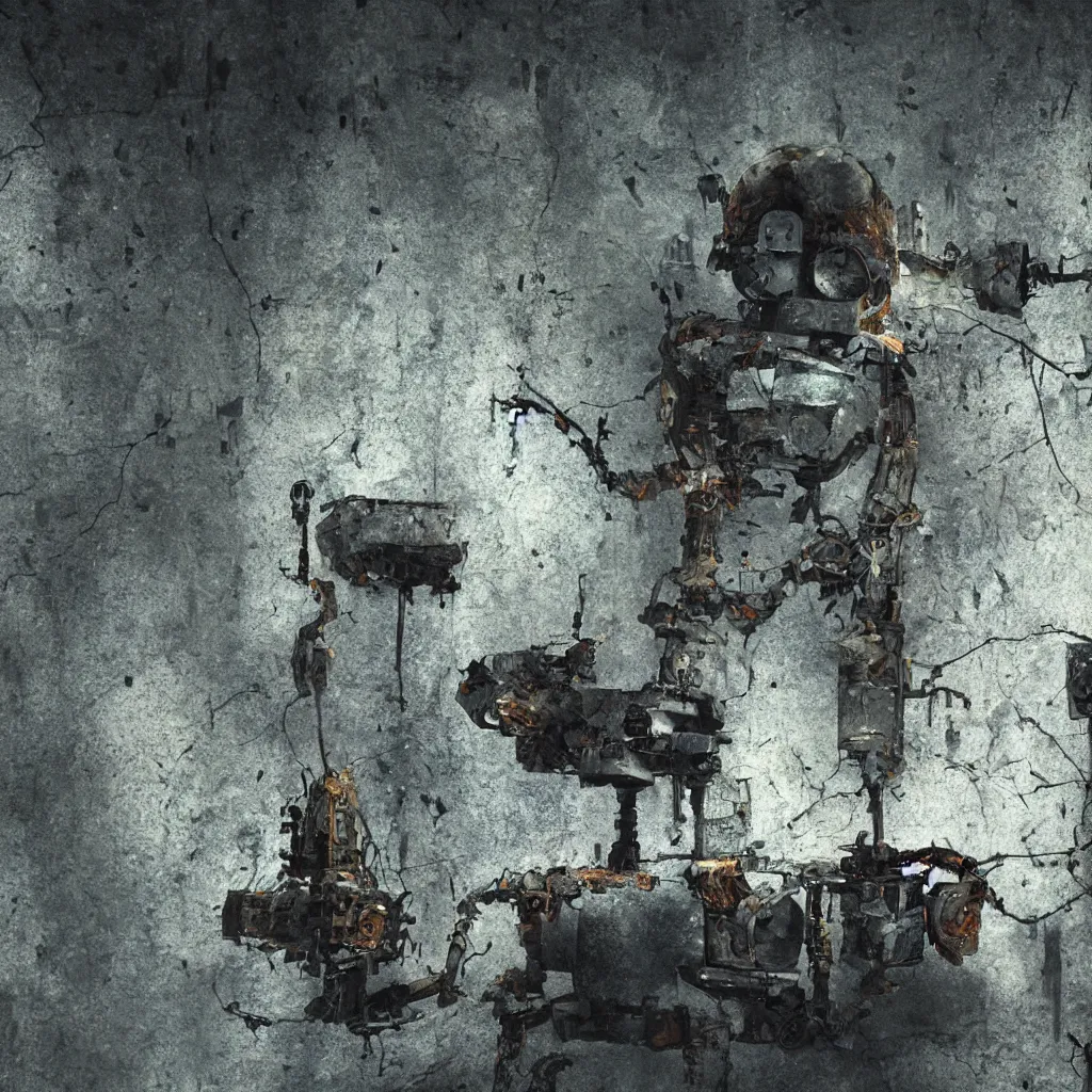 Prompt: the remnants of a broken robot in an underground laboratory, foliage, dark somber melancholic matte painting, highly detailed oil painting, liminal space, 8k, stillness, solitude, sorrowful and awe-inspiring atmosphere, shallow depth of field, masterpiece