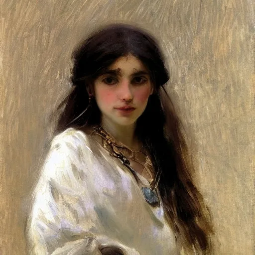Image similar to portrait of gypsy girl, large silver round earrings, painted by john singer sargent, jeremy lipking, jeremy mann