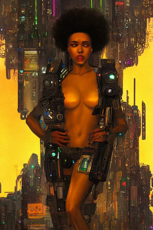 Image similar to a beautiful young Black woman, cyberpunk, Blade Runner city background, highly detailed, artstation, illustration, art by Gustav Klimt