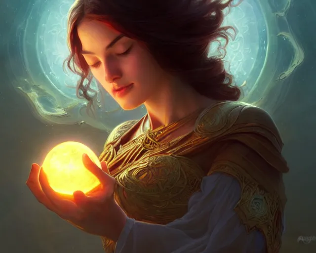 Image similar to glowing orb in the middle of the lake, deep focus, d & d, fantasy, intricate, elegant, highly detailed, digital painting, artstation, concept art, matte, sharp focus, illustration, hearthstone, art by artgerm and greg rutkowski and alphonse mucha