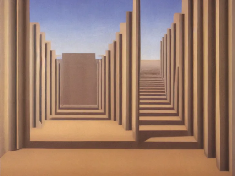 Image similar to infinite endless hallway painting by rene magritte, high detail, high resolution