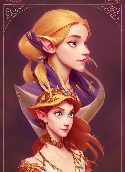 Image similar to portrait of disney zelda, intricate, elegant, highly detailed, my rendition, digital painting, artstation, concept art, smooth, sharp focus, illustration, art by artgerm and greg rutkowski and alphonse mucha and uang guangjian and gil elvgren and sachin teng, symmetry!!