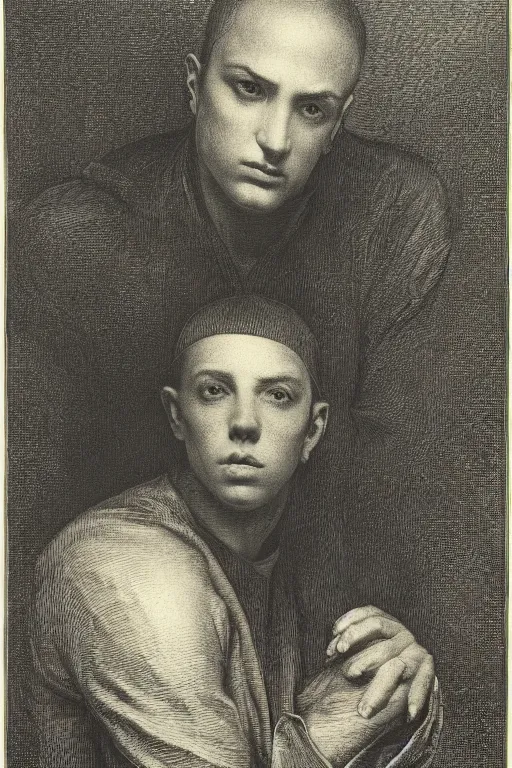 Image similar to portrait of eminem, Gustave Dore lithography