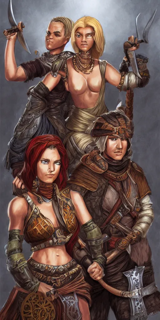 Image similar to female thief and a large young male warrior, and a young female african warrior, d & d, fantasy, portrait, in travis charestart style