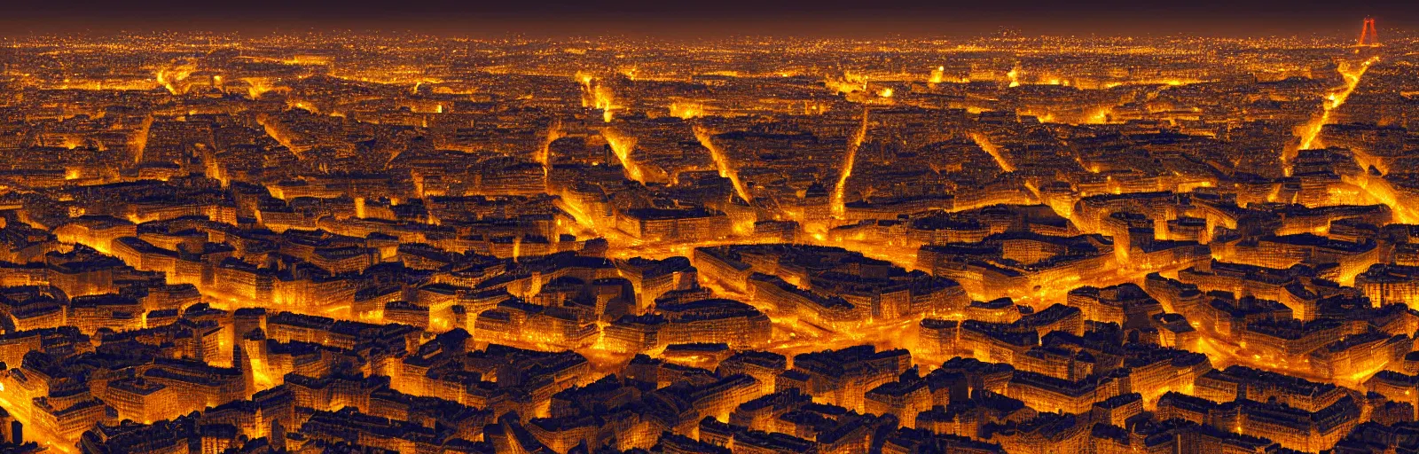 Image similar to night time overhead drone helicopter photo of paris france with bokeh, depth of field, glowing lights, romantic beautiful, black, red, yellow, orange colors, telephoto lens, romantic, soft, beautiful, award winning architecture, extremely beautiful lighting, cinematic composition, modern, render, architectural, architecture, realistic, clear