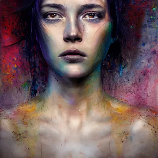 Image similar to hyperrealistic mixed media painting of woman, when your a hot mess but you're low key dead inside, dim volumetric lighting, 8 k octane beautifully detailed render, post - processing, portrait, extremely hyper - detailed, intricate, epic composition, cinematic lighting, masterpiece, trending on artstation, very very detailed, masterpiece, stunning,