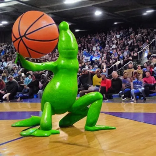 Image similar to a six foot tall anthropomorphic frog playing basketball
