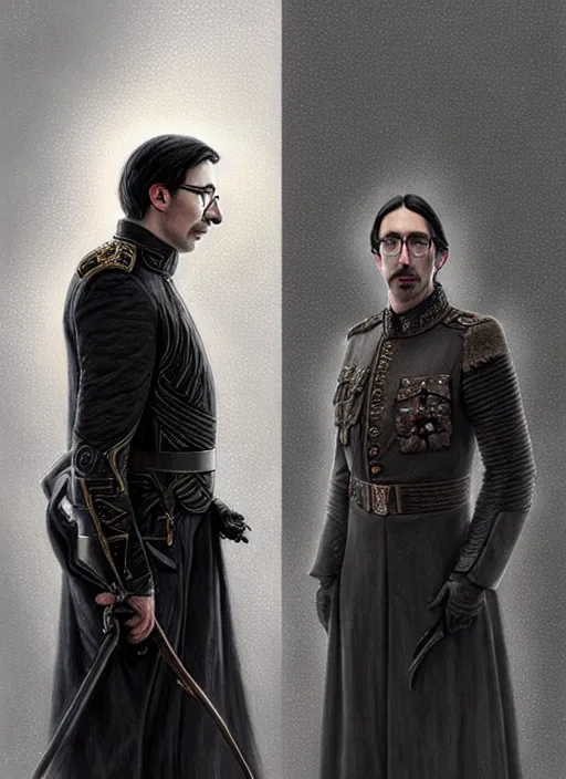 Prompt: a portrait of john oliver standing next to adam driver as in the vigo carpathian painting, stoic, military uniform, fantasy, intricate, beautiful, highly detailed, charcoal, centered, dark, smokey, digital painting, concept art, smooth, sharp focus, illustration, art by artgerm and greg rutkowski