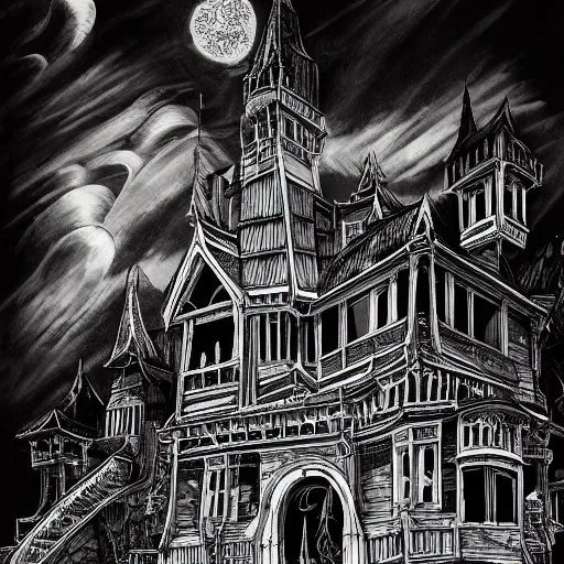 Prompt: black and white art deco style ink drawing of detailed the huge haunted house on the edge of a hill , highly detailed, fantasy art, in the style of greg rutkowski, epic, fantasy, intricate, hyper detailed, artstation, concept art, smooth, sharp focus, ray tracing