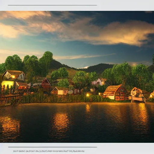 Image similar to realistic photo of village by the river, sunset, detailed, trending on artstation