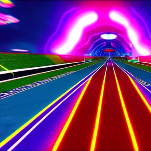 Prompt: a psychedelic racing track in unreal engine, very high detailed, in a game, cinematic view