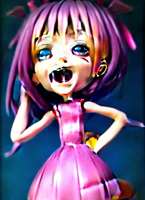 Prompt: a hyperrealistic oil panting of a kawaii anime girl figurine caricature with a big dumb grin featured on nickelodeon by dave mckean
