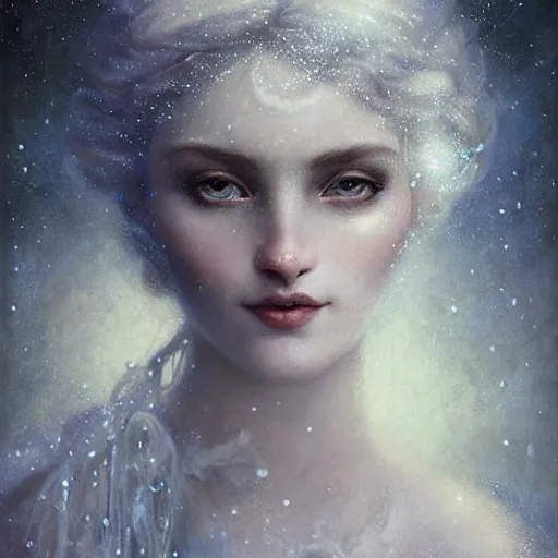 Prompt: Beautiful Delicate Detailed portrait of snow woman, With Magical grey eyes by Tom Bagshaw, Bastien Lecouffe Deharme, Erik Johansson, Amanda Sage, Alex Grey, Alphonse Mucha, Harry Clarke, Josephine Wall and Pino Daeni, Delicate winter frozen creature With long white windy Hair and Magical Sparkling Eyes, Magic Particles; Magic Swirls, in a oit of this world magical frozen landscape, 4K; 64 megapixels; 8K resolution concept art; detailed painting; digital illustration; hyperrealism; trending on Artstation; Unreal Engine Photorealistic, lifelike, Unreal Engine, sharp, sharpness, detailed, 8K