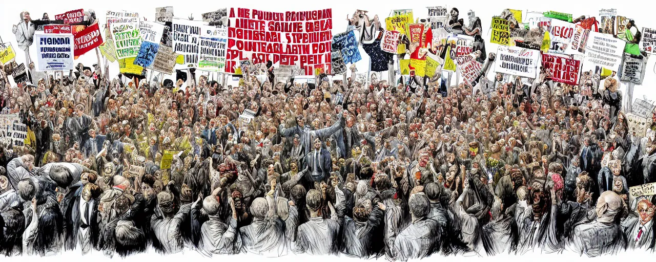 Prompt: an political caricature of politician at a podium surrounded by a crowd of angry protestors with signs, by gerald scarf and ralph steadman, illustration, ink drips, front angle, ink splatters, pen and ink, flat color, drawing, facing front, anatomically correct, beautiful perfect face, sharp focus, highly detailed, cinematic lighting, 8 k, hd