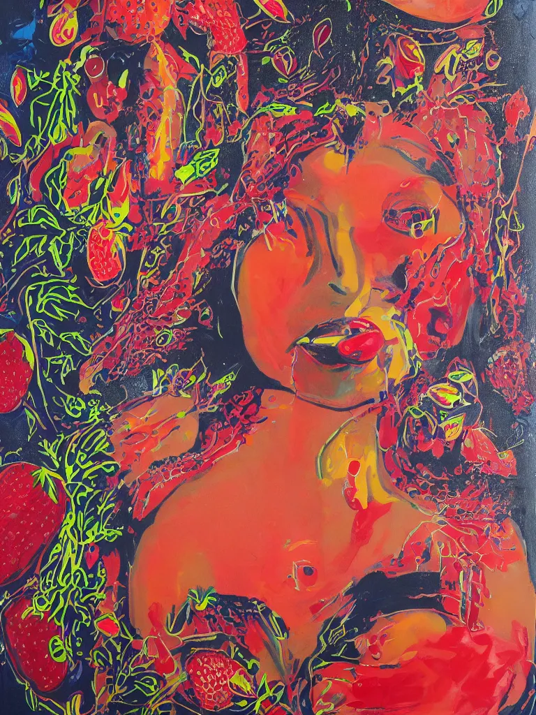 Prompt: “art in an Australian artist’s apartment, portrait of a woman wearing white cotton cloth, eating luscious fresh raspberries and strawberries and blueberries, edible flowers, black background, aboriginal Dreamtime, Eora, Gadigal, intricate, bold colour, acrylic and spray paint and wax and oilstick on canvas”