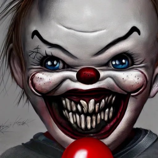 Image similar to grunge cartoon portrait sketch of chucky with a wide smile and a red balloon by - michal karcz, loony toons style, pennywise style, chucky style, horror theme, detailed, elegant, intricate