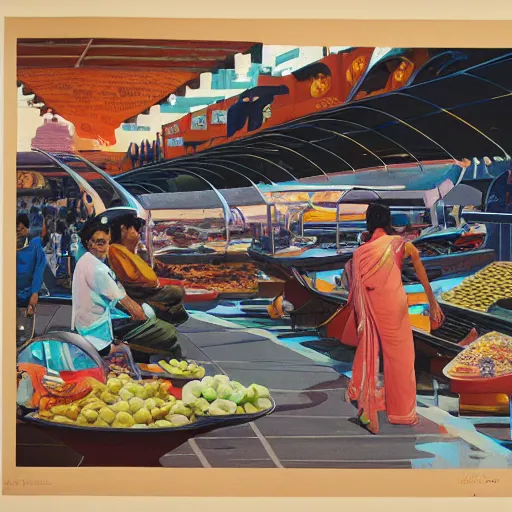 Image similar to a syd mead painting of a futuristic indian market with spaceship in the far back
