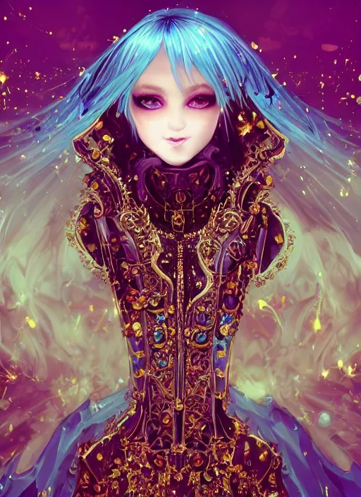 Image similar to baroque bedazzled gothic royalty frames surrounding a pixelsort rimuru tempest smiling, sky blue straight hair, bangs, with amber eyes, yellow golden eyes, wearing a black maximalist spiked jacket, high collar, ultra detailed, concept art, digital painting, pretty, cinematic, wlop artstation, sharpened early computer graphics, remastered chromatic aberration