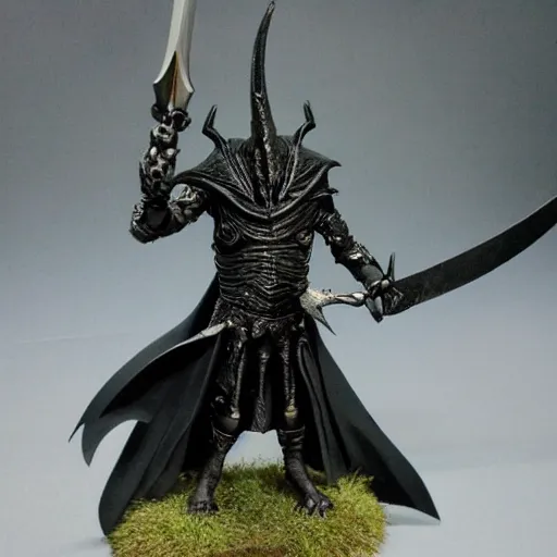 Image similar to Sauron skeletal mask holding sword intimidating standing in front of Minas Morgul fortress Minas Ithil ring wraith fantasy painting mid distance 40mm fullbody