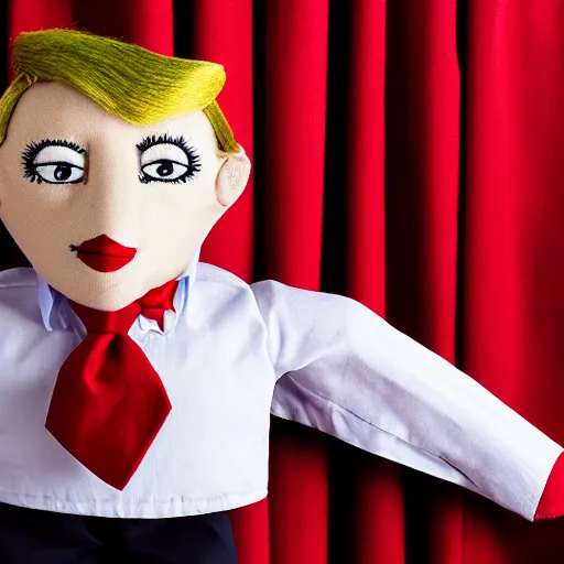 Prompt: catalog photo of a puppet maker of trump as a fabric puppet in with an elegant red curtain behind, realistic cloth puppet, intricate detail, photorealistic, highly detailed, cinematic atmosphere, dramatic