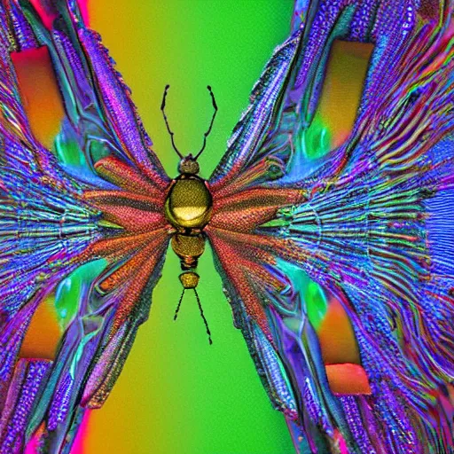 Prompt: gigapixel resolution abstract artwork made of hundreds of colorful transparent insect wings made of crytals, bismuth and other interesting rainbow coloured gems ornated copper or silver. color grading, super - resolution microscopy, spectral color, chroma, complimentary - colors, polychromatic - colors