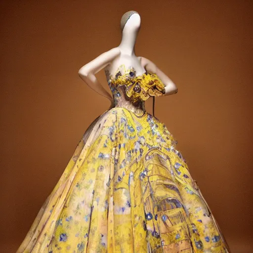 Prompt: Stunning photograph of a magnificent and ethereal ball gown designed after by Van Gogh's Starry Night. Fashion contest winning piece. Studio lighting