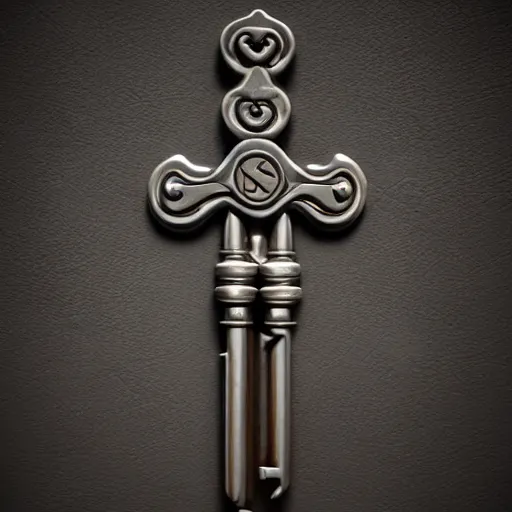 Image similar to a stylised key for the doors, key is on the center of image, point and click game inventory item, very detailed, rim light, outer glow, on the white background, high poly vray render, stylised textures, trending on artstation