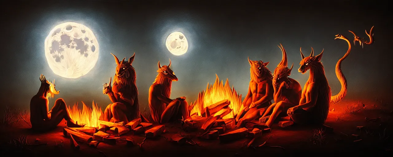 Image similar to strange mythical beasts of sitting around a fire under a full moon, surreal dark uncanny painting by ronny khalil